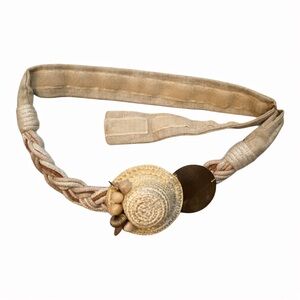 Carolyn Tanner Designs Braided Rope Belt w/ Straw Hat & Wood Beads Coastal Boho